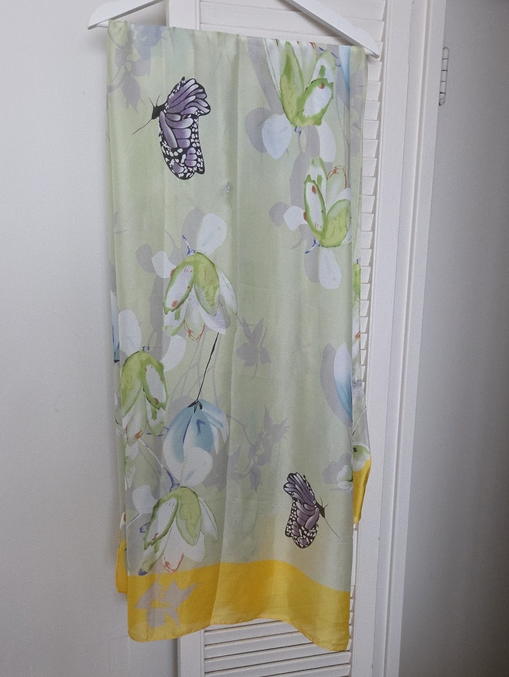 Large Light Green Floral & Butterfly 100% Silk Scarf with Yellow Hem Lightweight